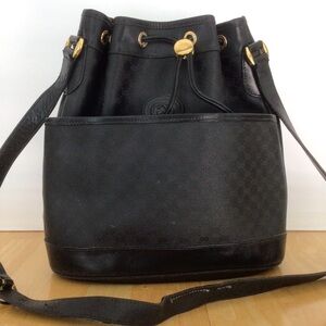 GUCCI Drawstring Crossbody Shoulder Canvas Leather Black Bag